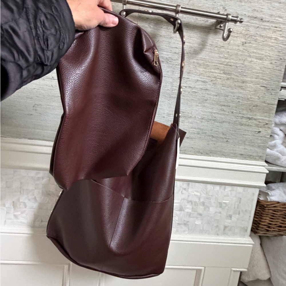 NWT new Anthropologie studded vegan leather north west tote bag + pouch brown - Picture 10 of 14